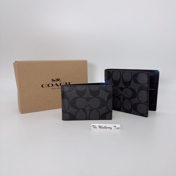 Coach 74993 Men’s 3-In-1 Card Wallet In Signature Canvas Black Oxblood Gift Box - Picture 1 of 8
